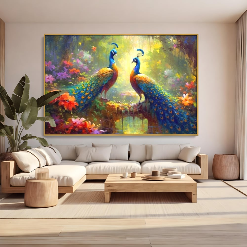 Tablou canvas cu tablou canvas cu doi pauni colorati, in rama de aluminiu auriu, pe perete intr-un living